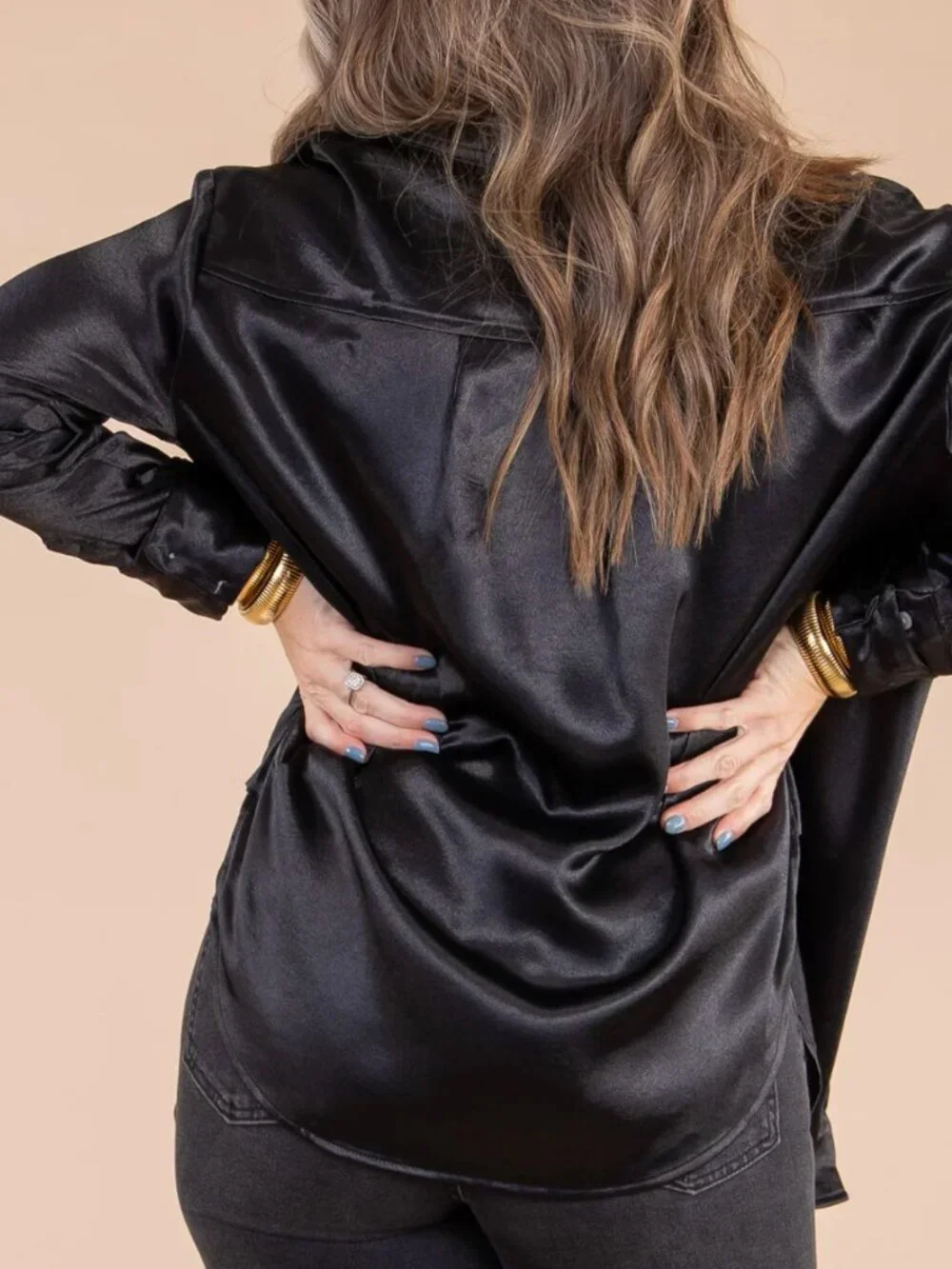 FREE PEOPLE Shooting for the Moon Button Down Black Silky Shirt size medium